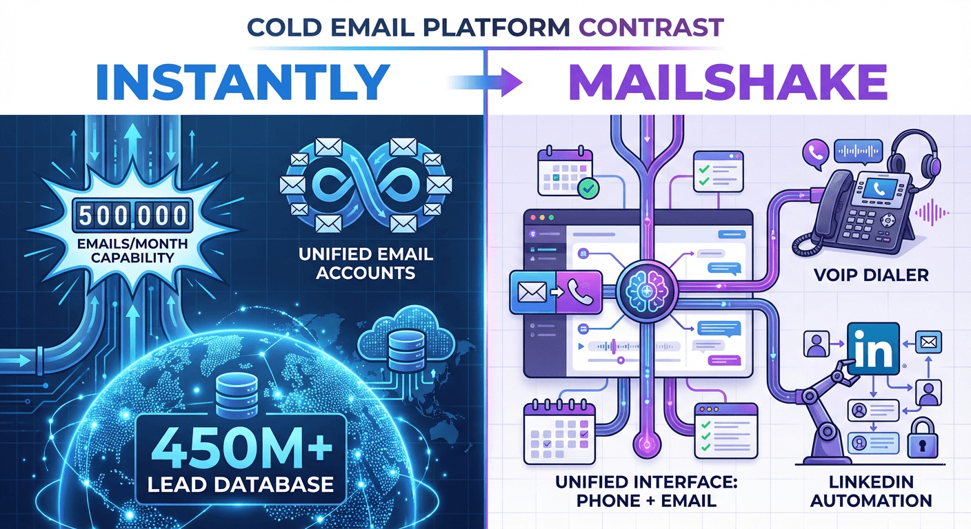 Instantly vs Mailshake sales engagement platform comparison showing email and phone integration