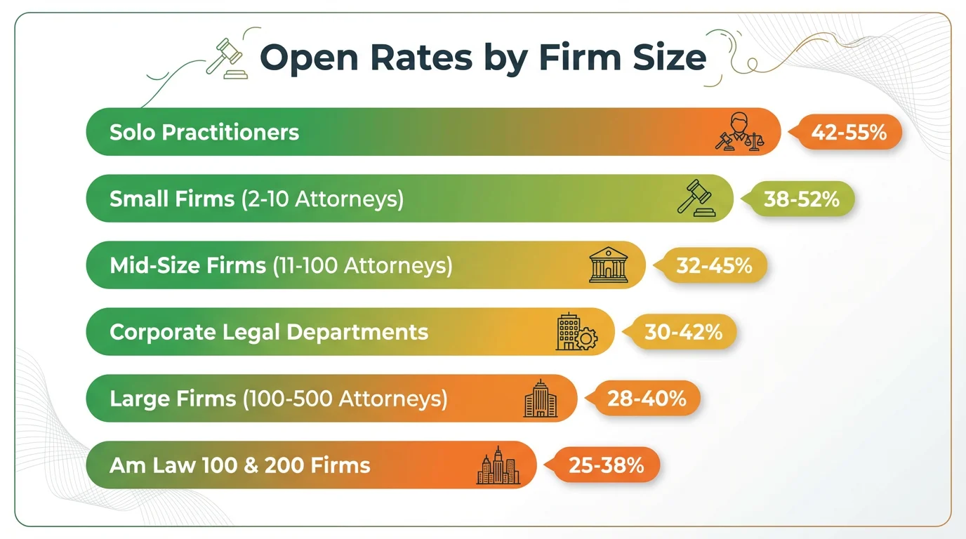 Legal open rates by firm size showing Solo Practitioners at 42-55% and Am Law 100/200 at 25-38%