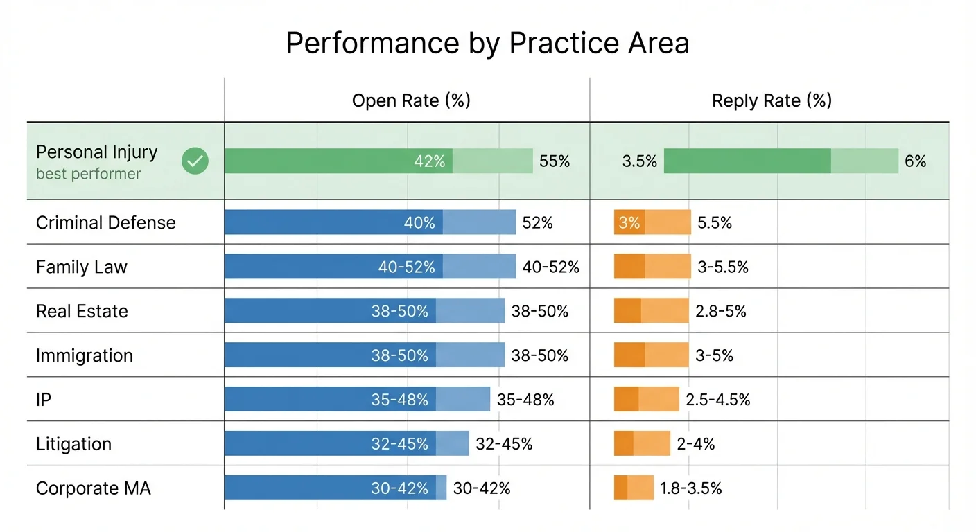 Legal cold email performance by practice area showing Personal Injury and Criminal Defense at top
