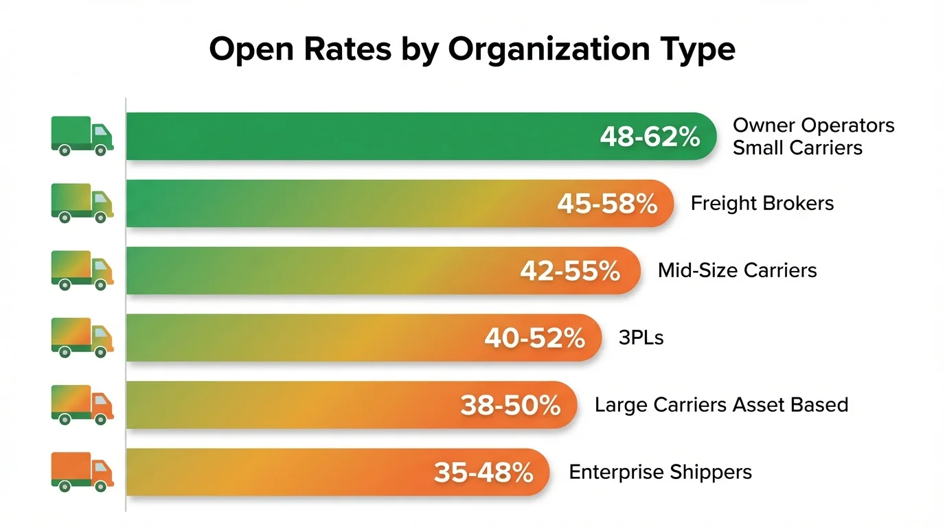 Logistics open rates by organization type showing Owner-Operators at 48-62% and Enterprise Shippers at 35-48%