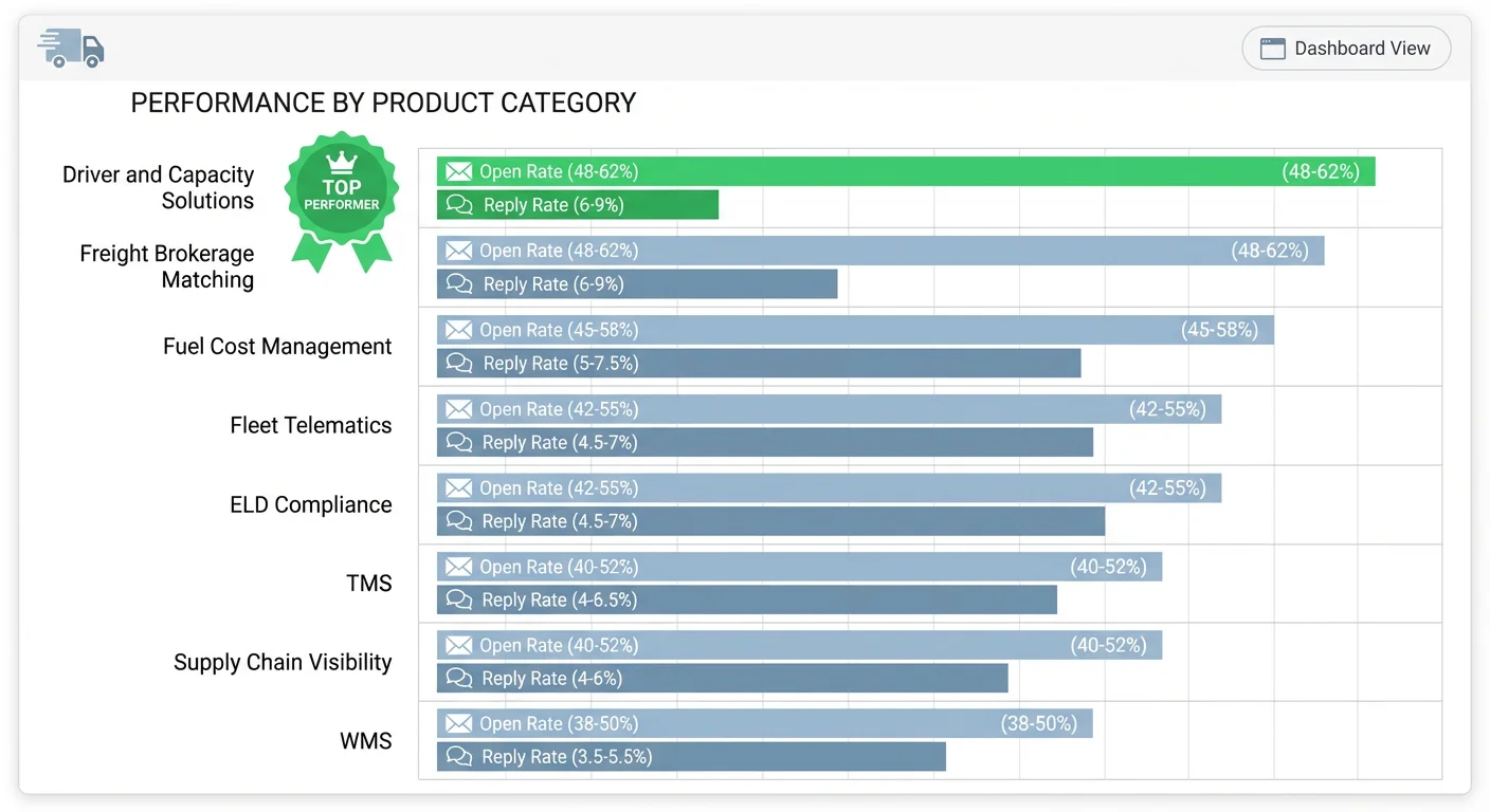 Logistics cold email performance by product category showing Driver and Capacity Solutions as top performer