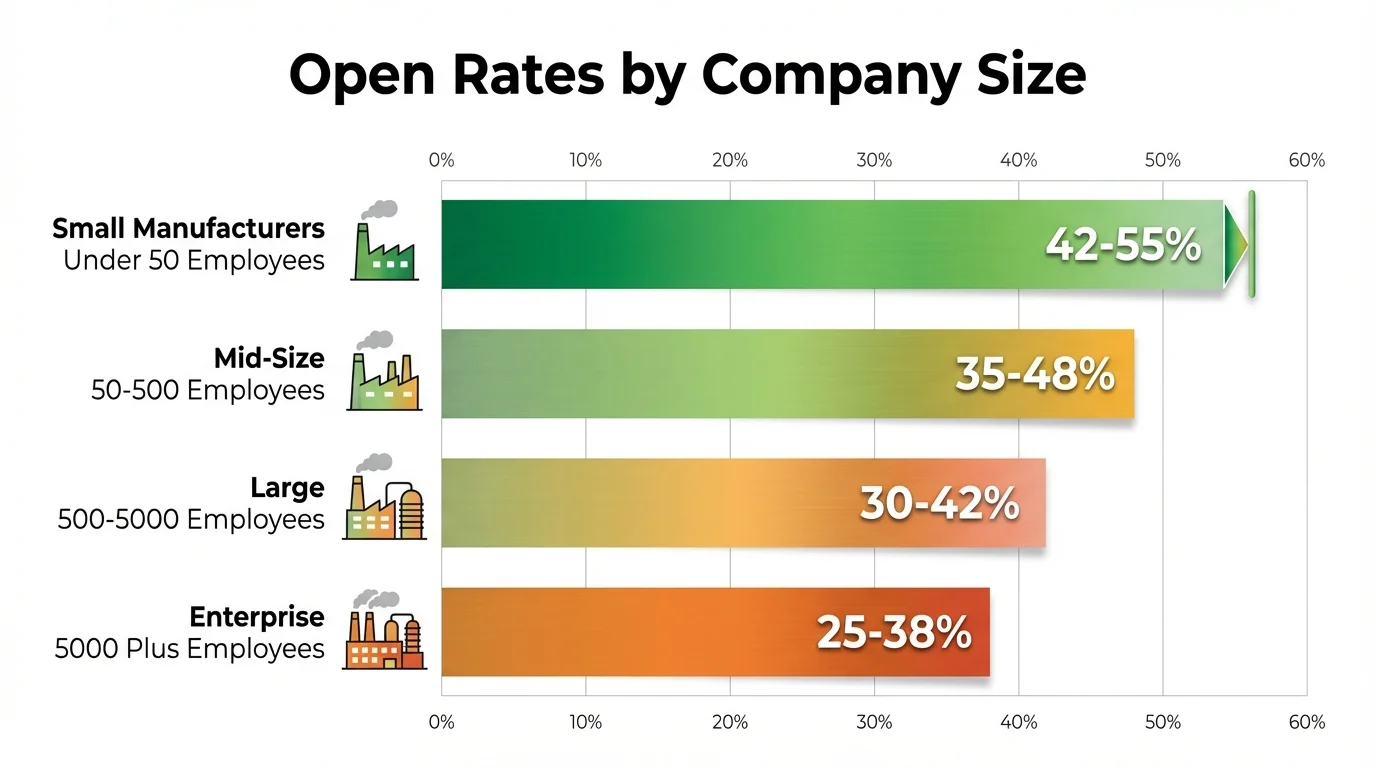 Manufacturing open rates by company size showing Small Manufacturers at 42-55% and Enterprise at 25-38%