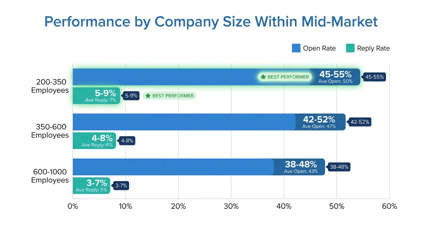 Mid-market open and reply rates by company size showing 200-350 employees with highest engagement