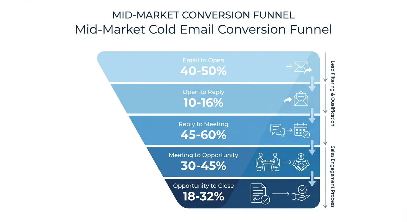 Mid-market cold email conversion funnel from email to close
