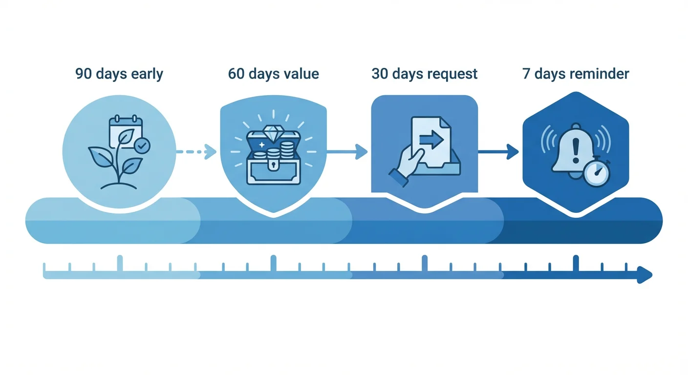 Renewal email timeline showing key touchpoints