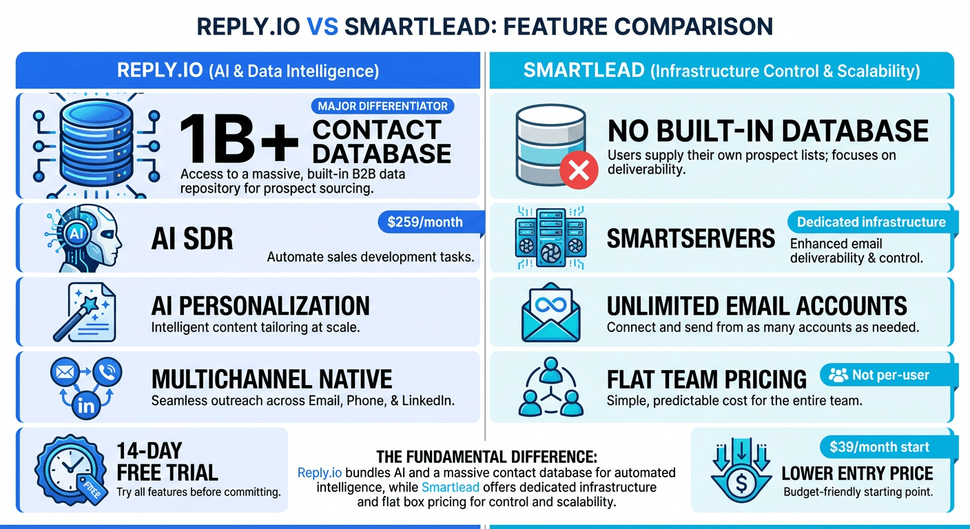 Reply.io vs Smartlead email automation comparison - features
