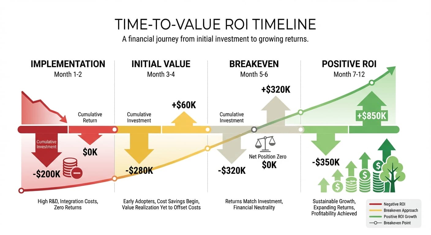 ROI Timeline showing progression from Implementation through Initial Value, Breakeven, to Positive ROI over 12 months