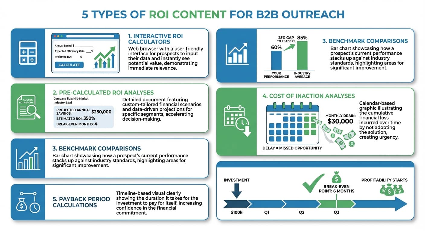Five types of ROI content: Interactive Calculators, Pre-Calculated Analyses, Benchmark Comparisons, Cost of Inaction, and Payback Period