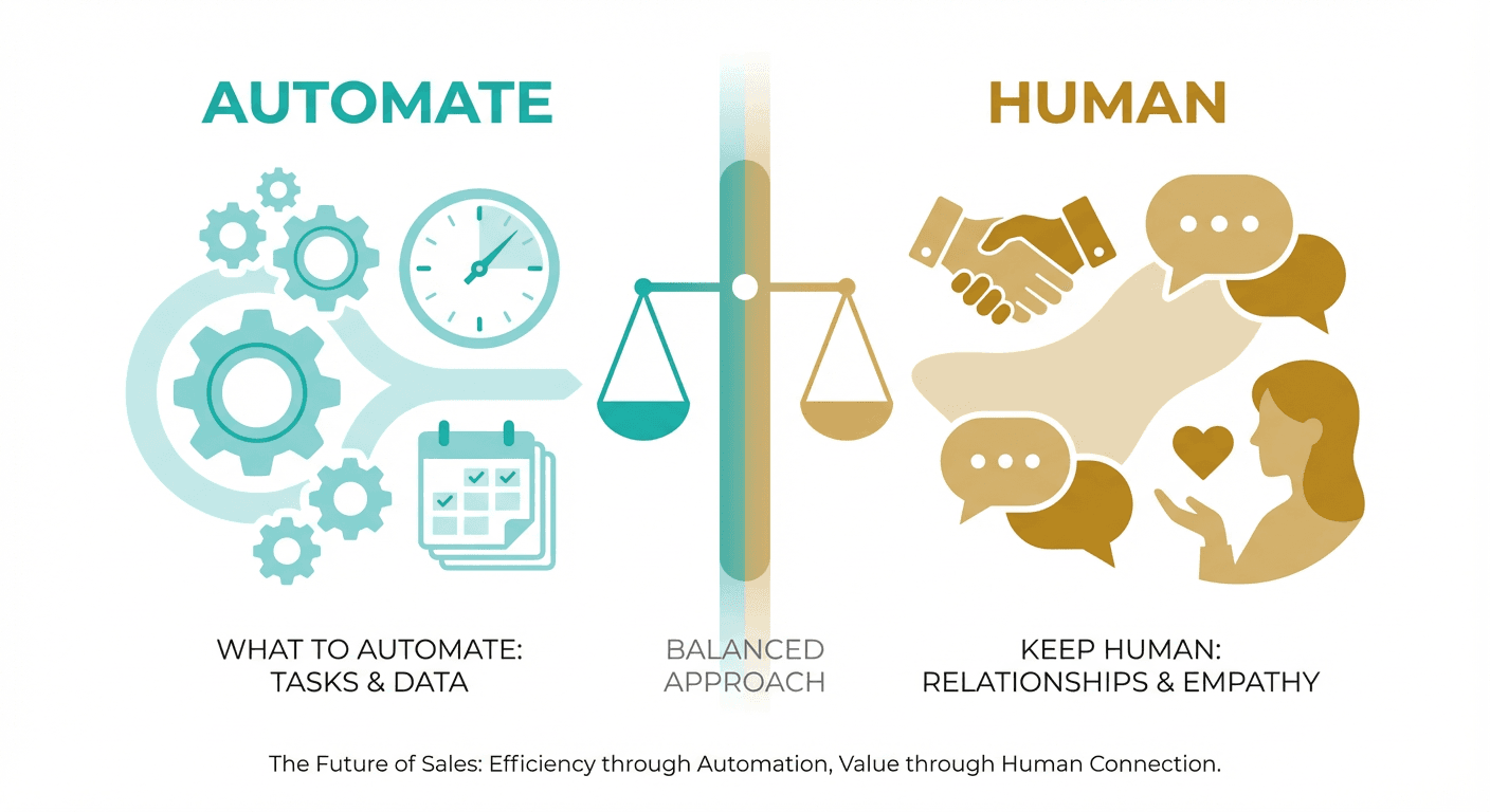Minimalist illustration showing balance between automation and human elements in sales