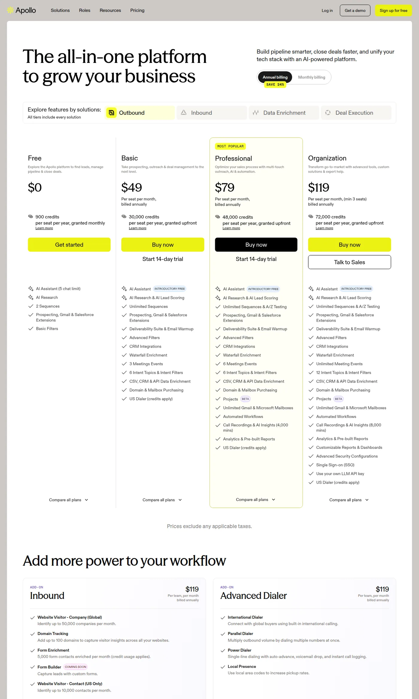 Apollo.io's public pricing page on its annual-billing view, the source for every plan figure in this article, captured August 2026.