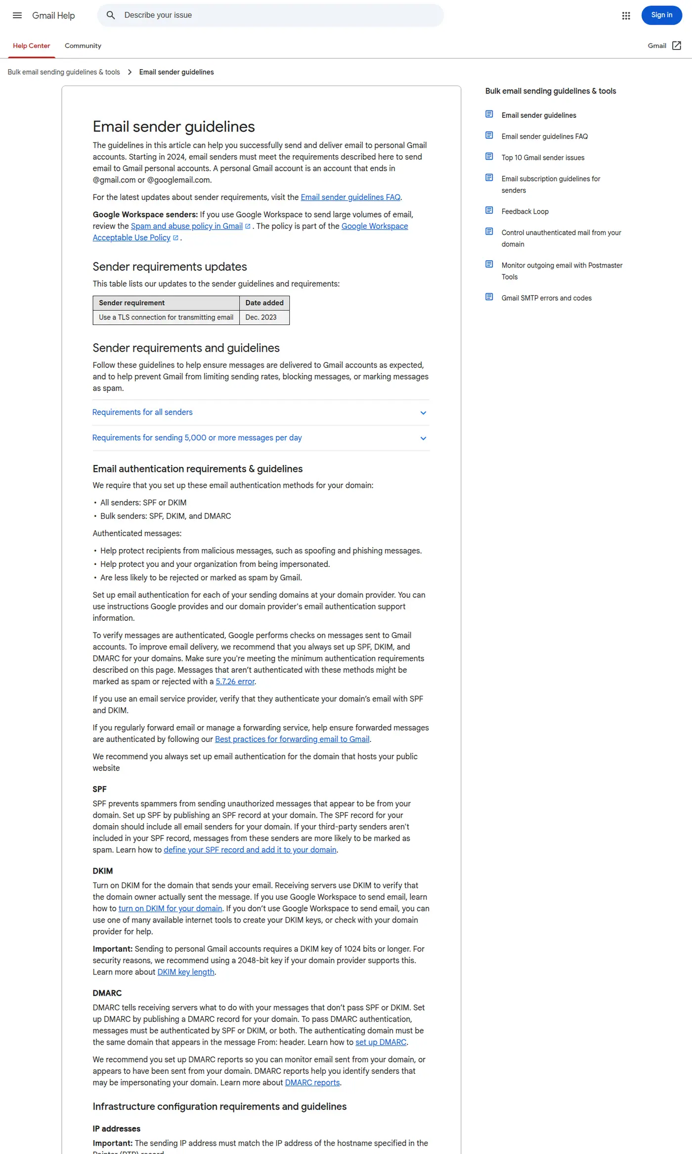 Google email sender guidelines requiring SPF, DKIM and DMARC of bulk senders