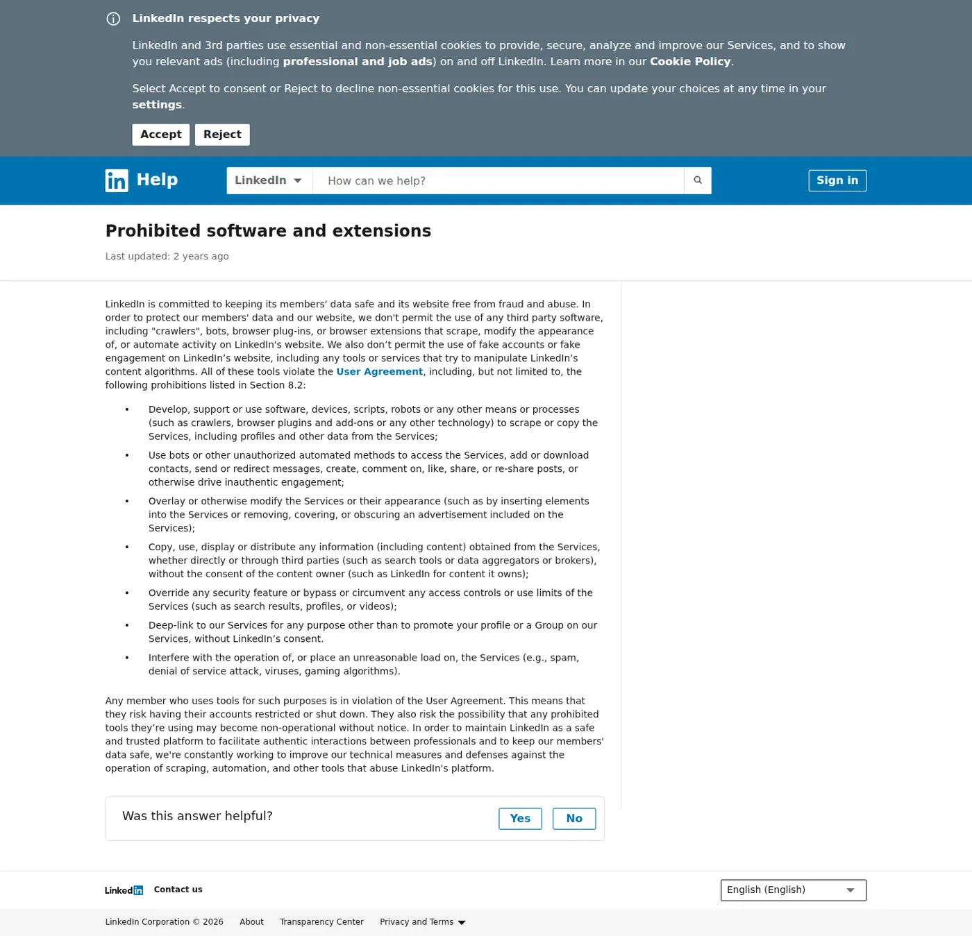 LinkedIn's help page listing prohibited software and the User Agreement clauses it violates