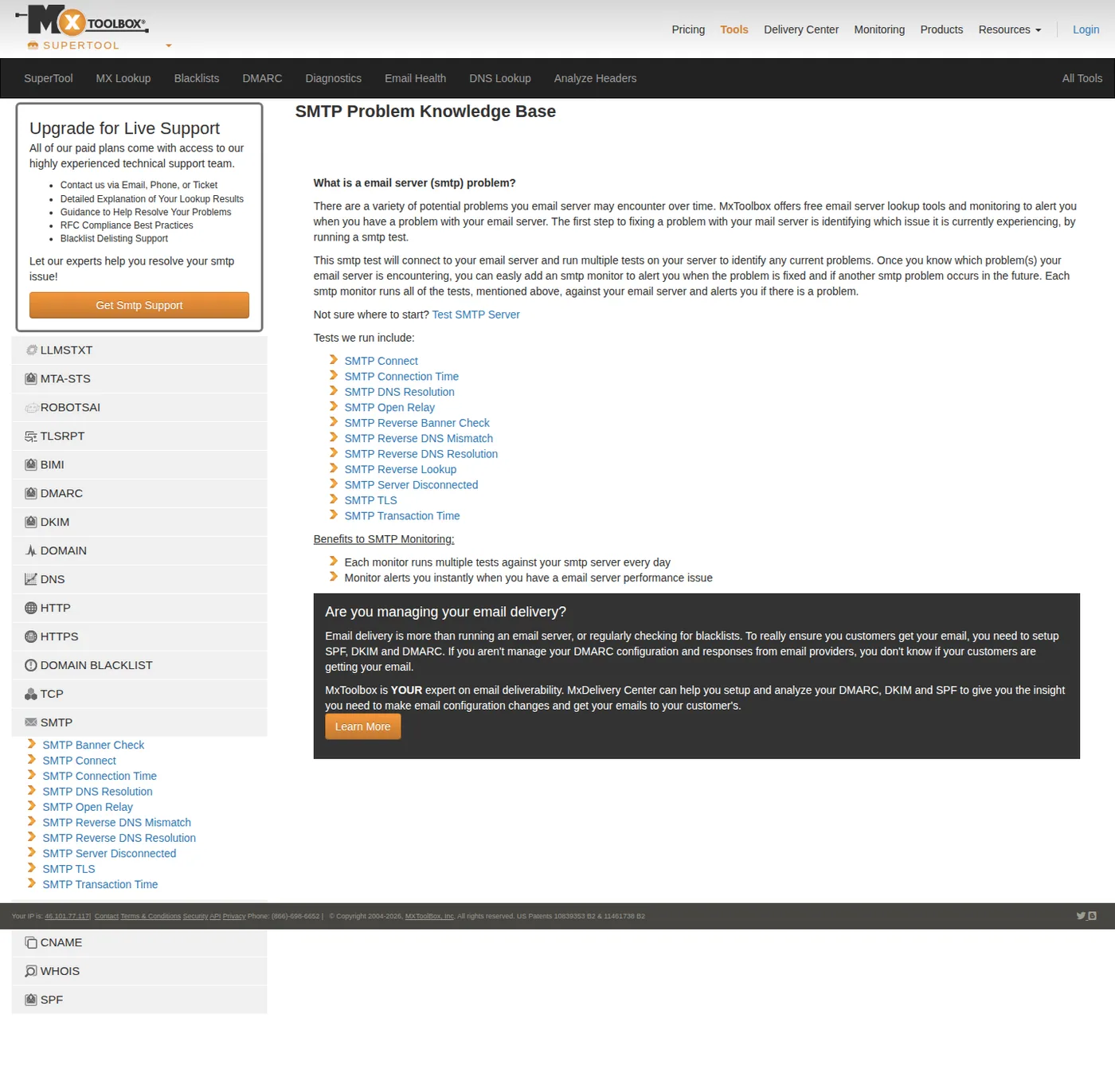 MXToolbox SMTP problem page listing its diagnostic tests