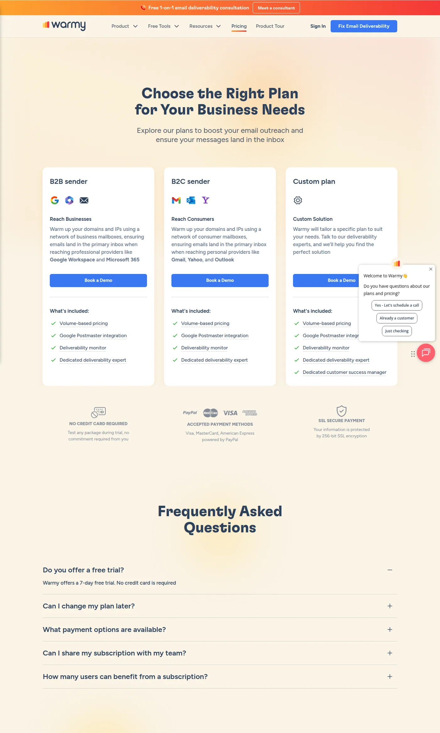 Warmy pricing page showing three plan types with no monthly figures published