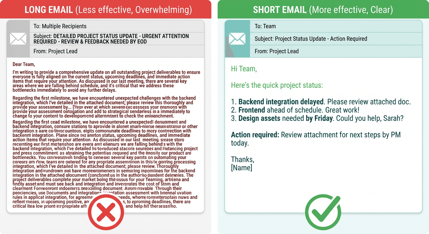 Long vs short email comparison showing shorter emails win