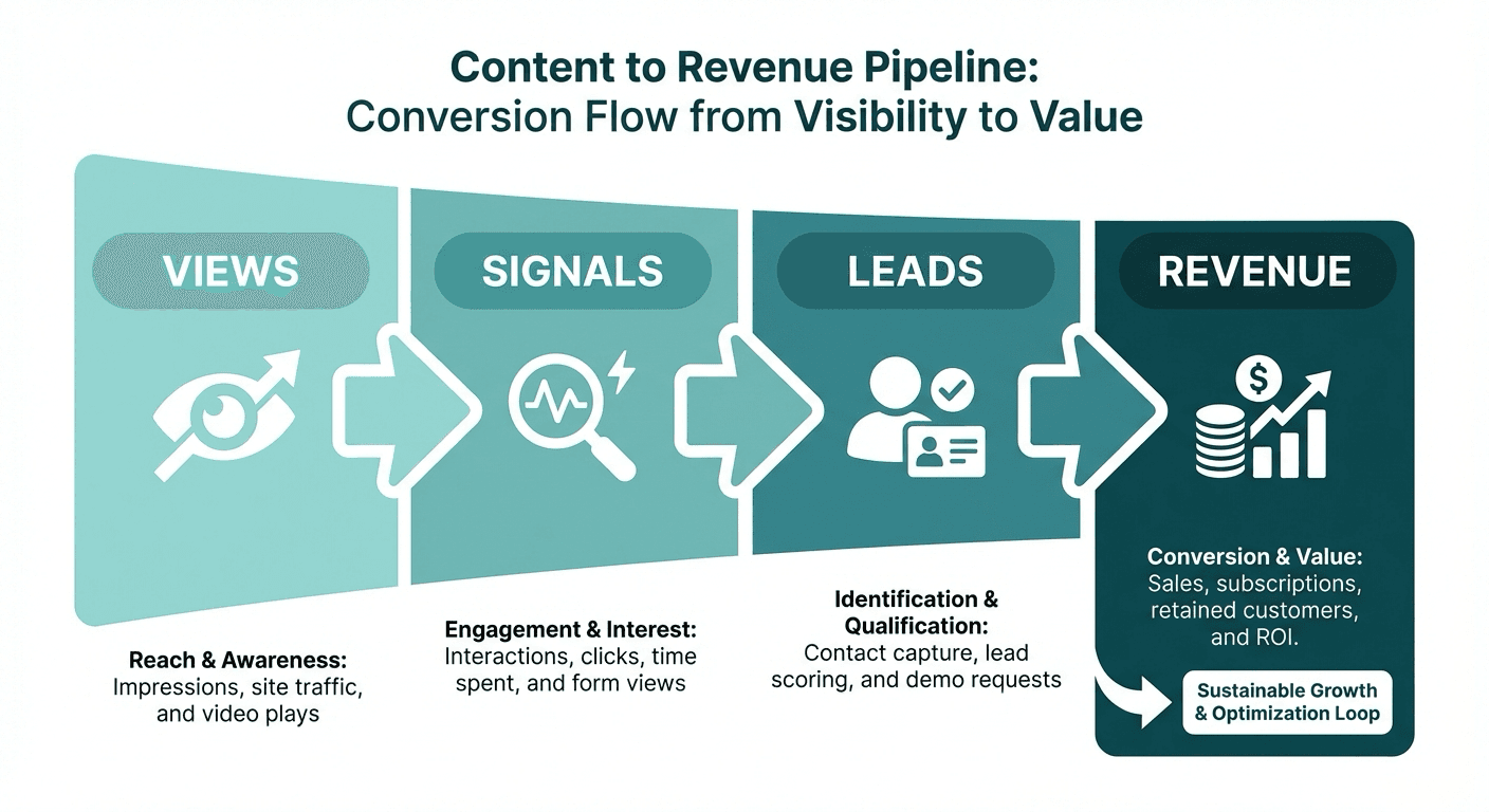 Content to revenue pipeline showing views to signals to leads to revenue