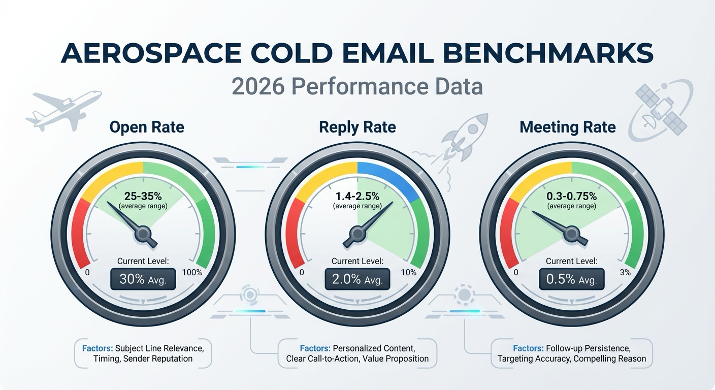 Aerospace cold email benchmarks dashboard showing key metrics: Open Rate 25-35%, Reply Rate 1.4-2.5%, Meeting Rate 0.3-0.75%