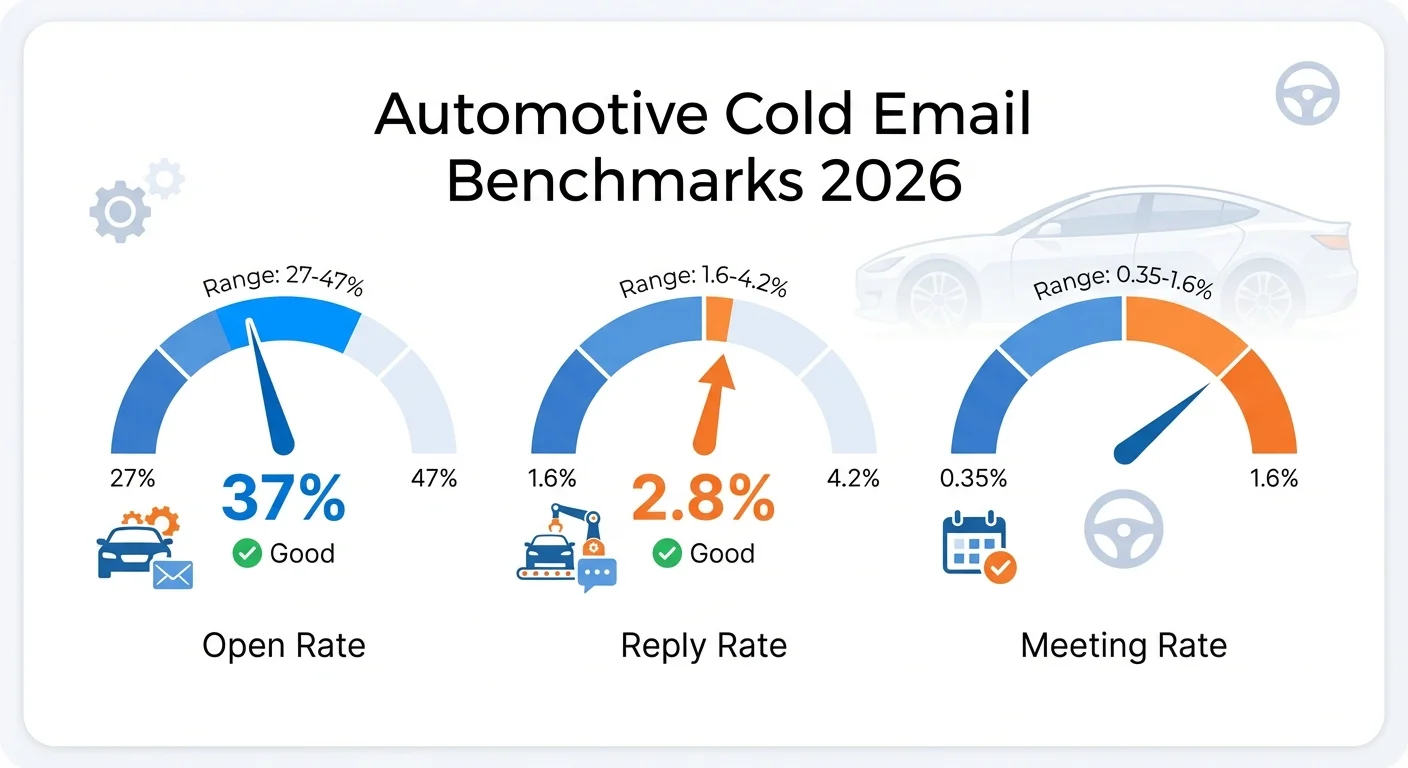 Automotive cold email benchmarks 2026 dashboard showing open rate, reply rate, and meeting rate metrics