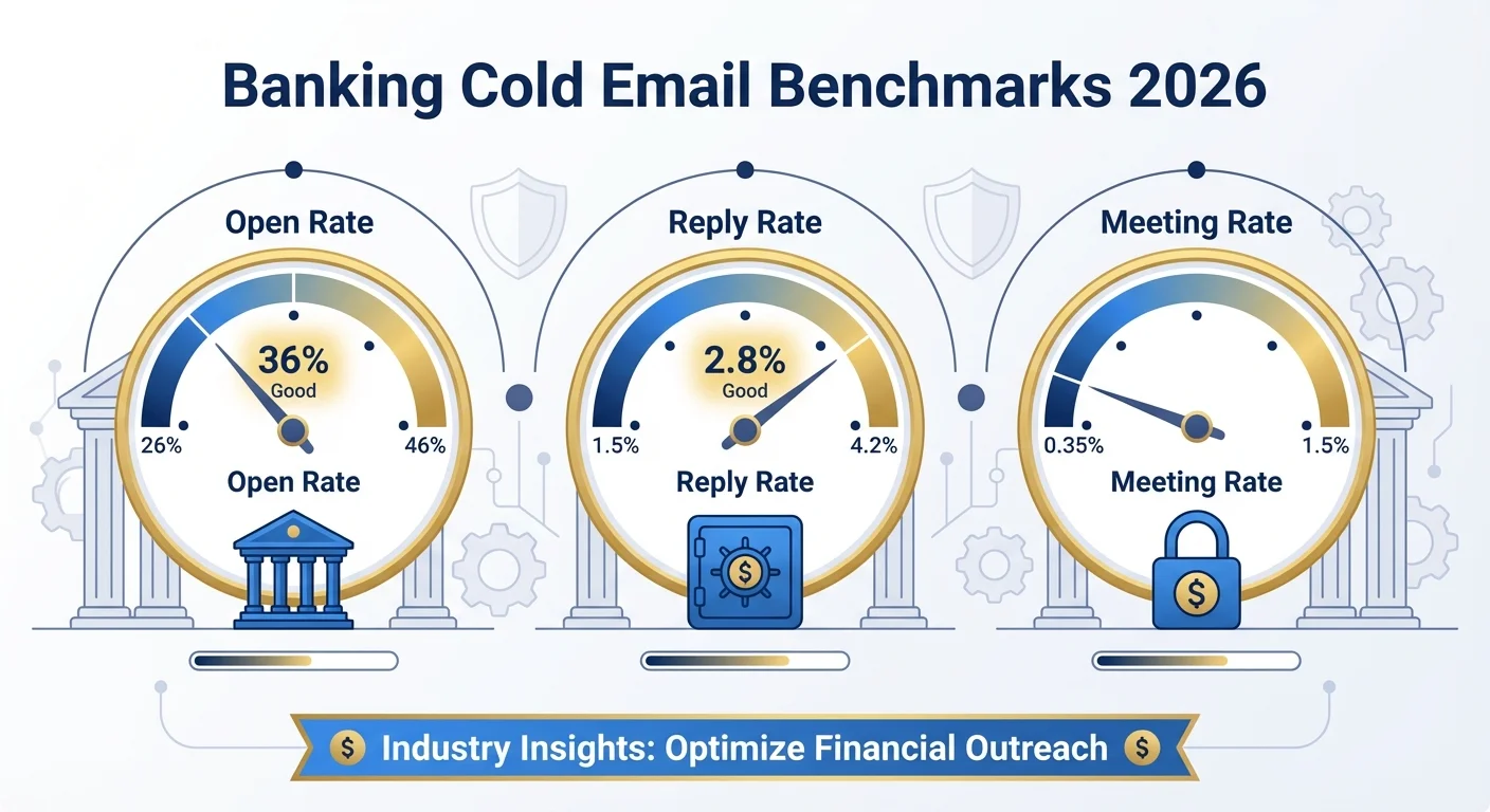 Banking cold email benchmarks 2026 dashboard showing open rate, reply rate, and meeting rate metrics