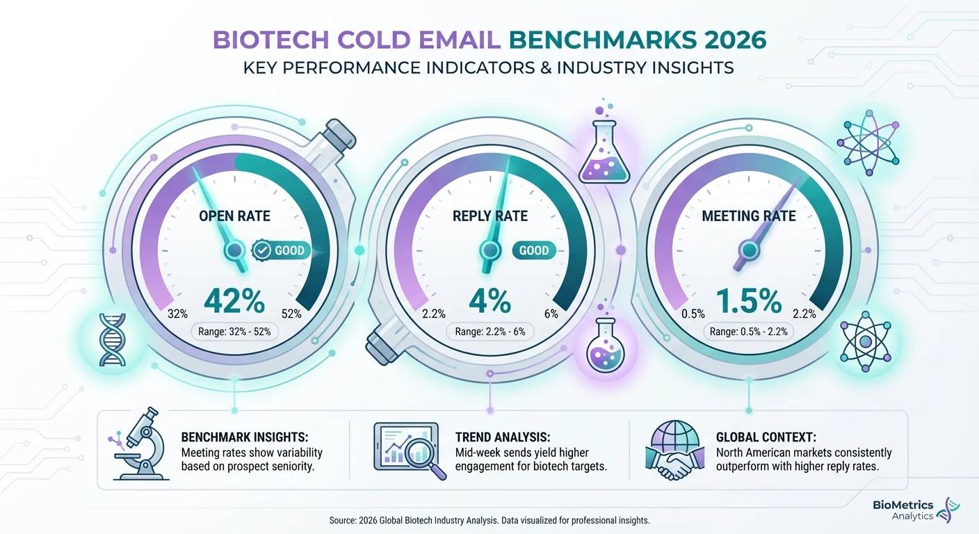 Biotech cold email benchmarks 2026 dashboard showing open rate, reply rate, and meeting rate metrics