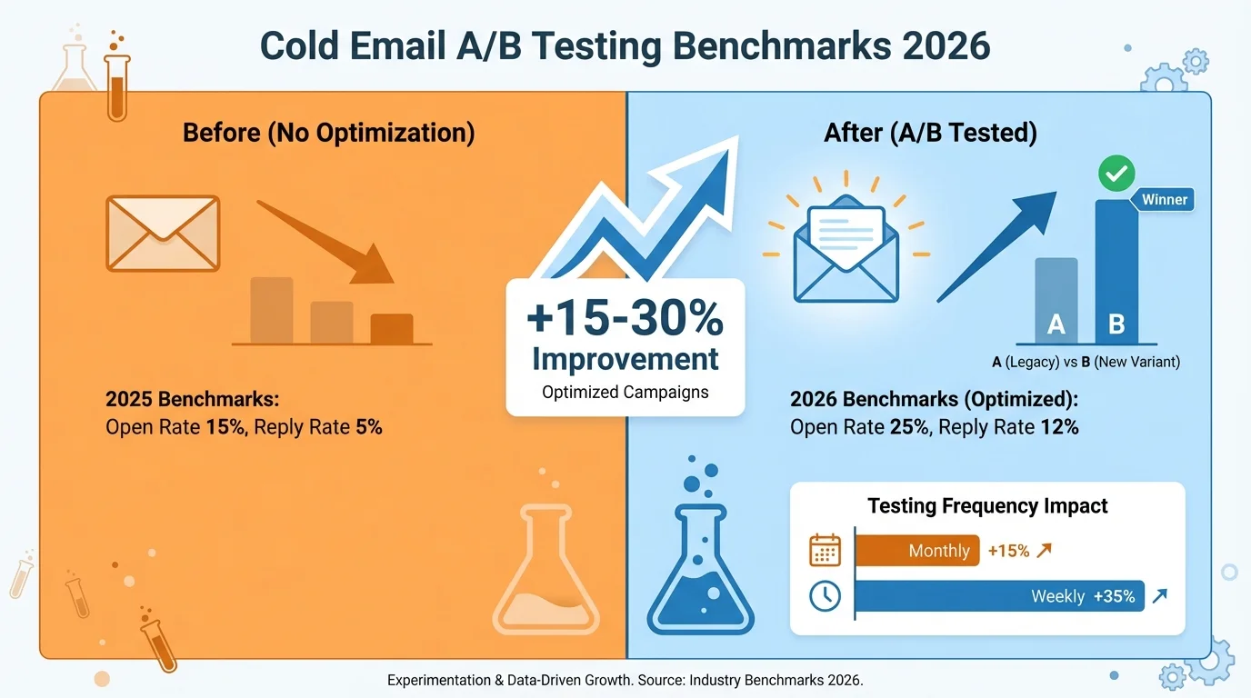 Cold email A/B testing benchmarks 2026 showing testing impact and performance improvement