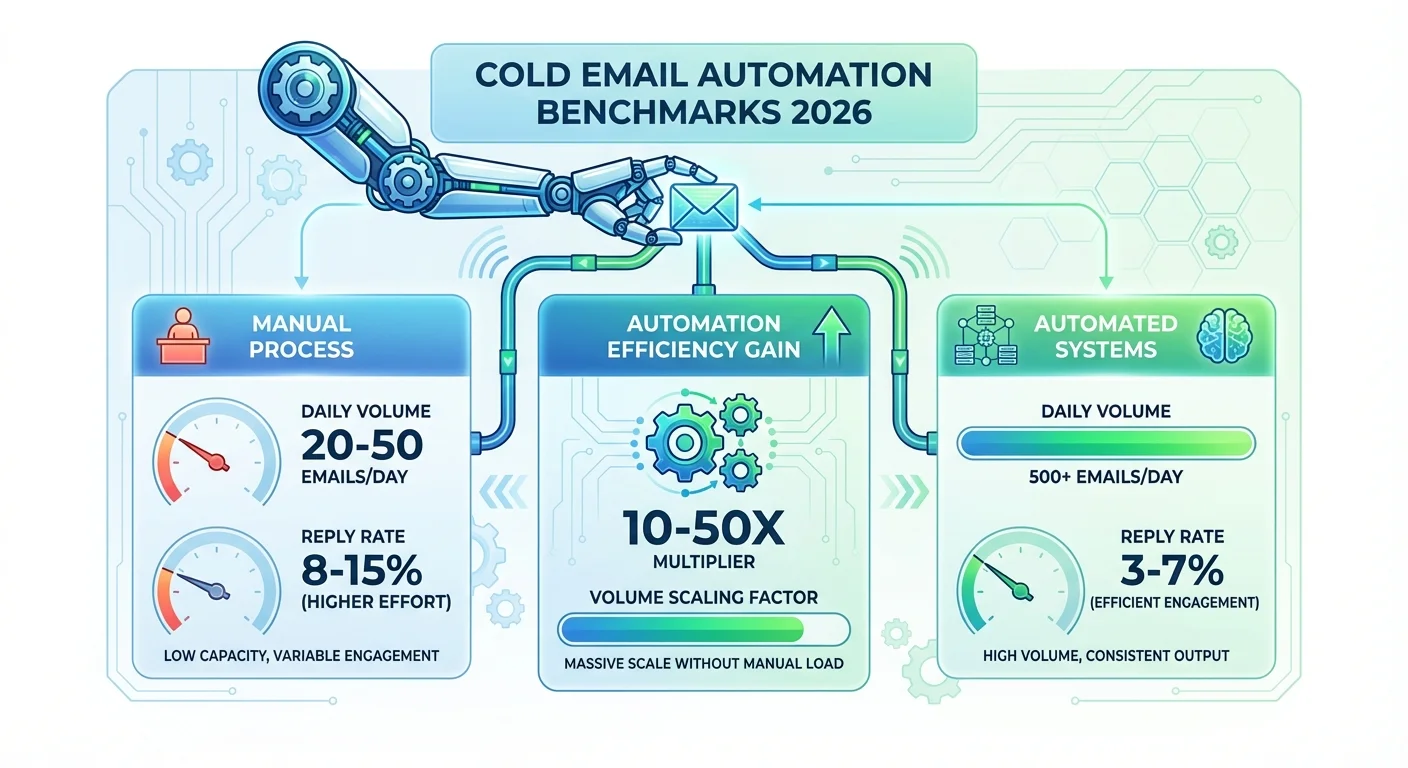 Cold email automation benchmarks 2026 showing manual vs automated performance comparison