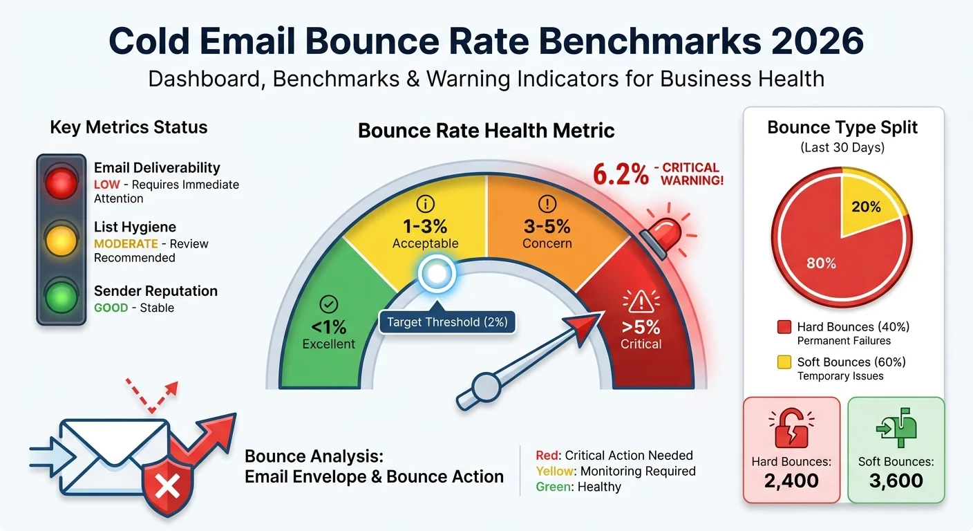 Cold email bounce rate benchmarks 2026 showing health metrics and warning thresholds