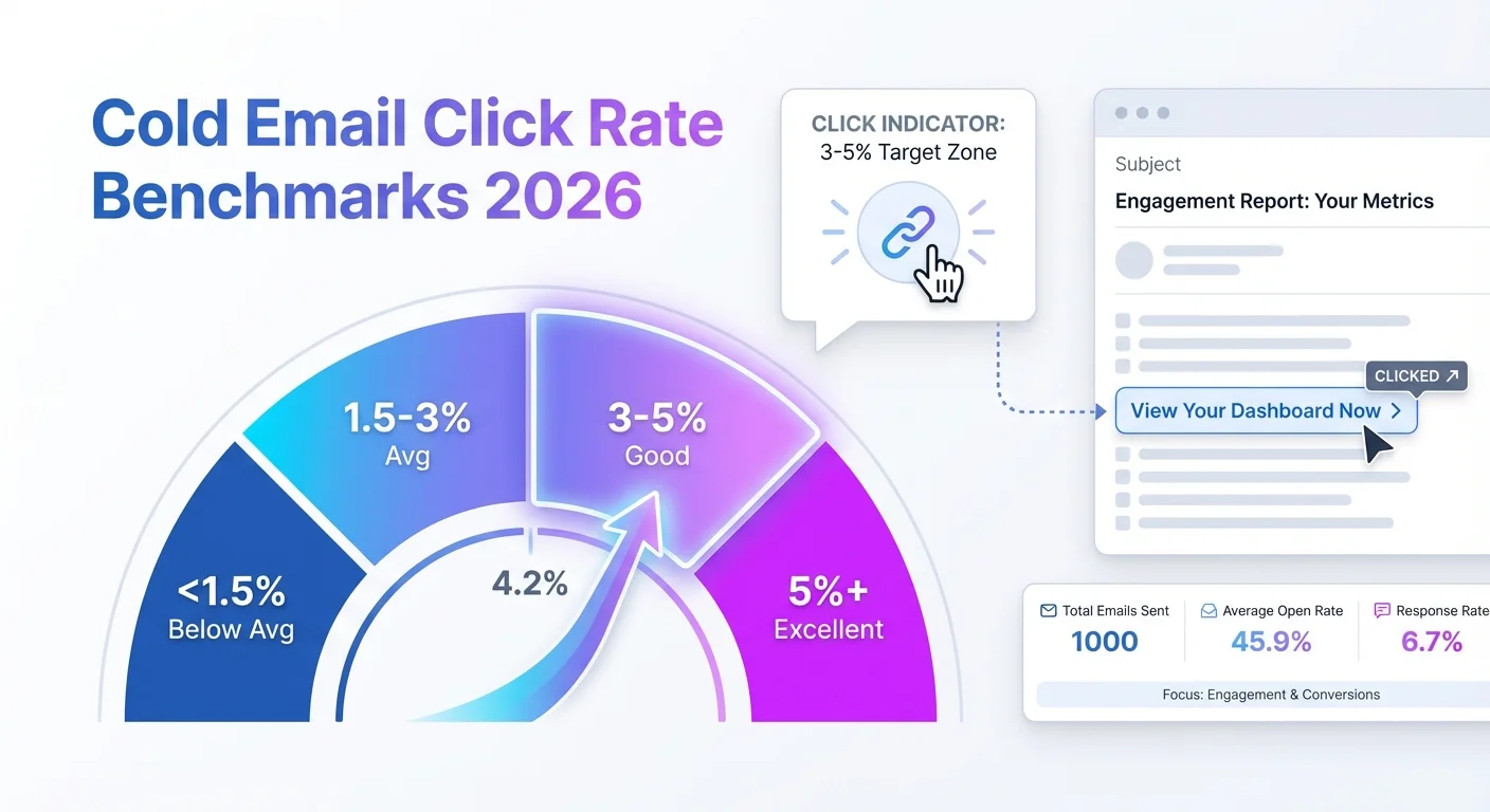Cold email click rate benchmarks 2026 showing CTR ranges and performance levels