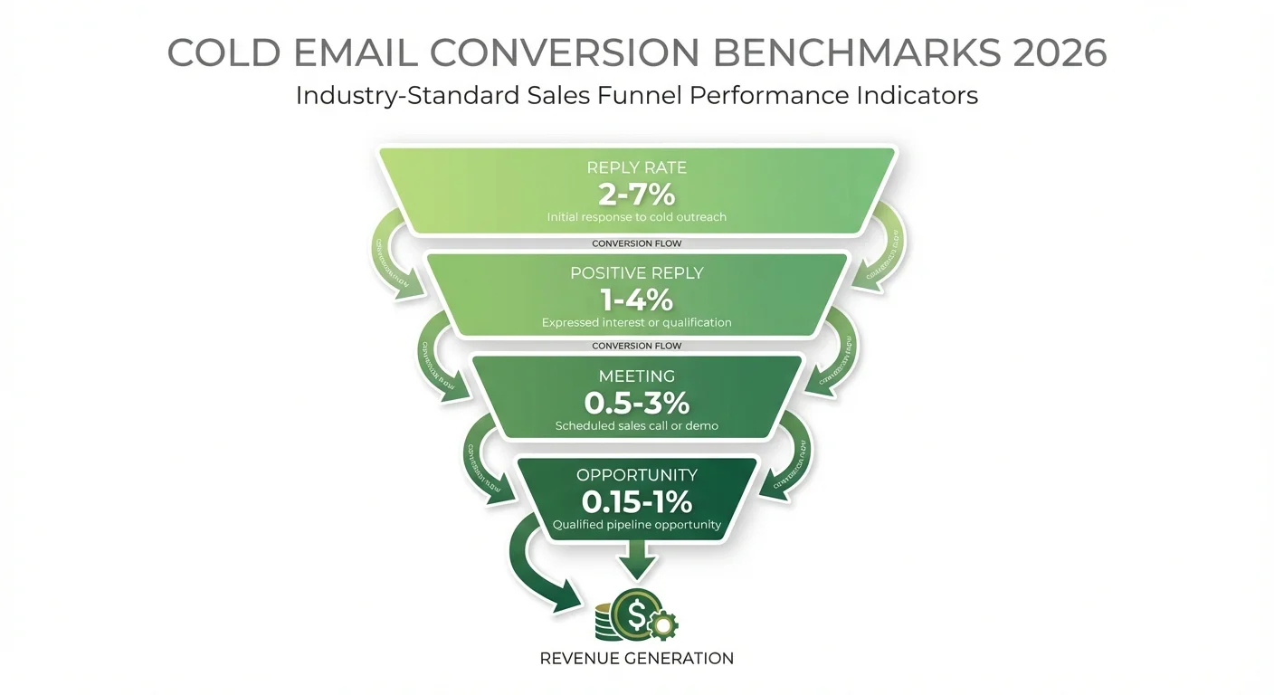 Cold email conversion benchmarks 2026 showing full funnel from reply to opportunity