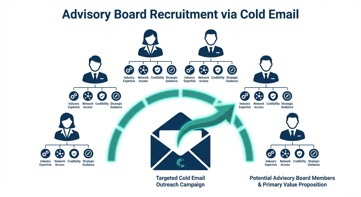 Advisory board recruitment via cold email showing envelope connecting to executive advisors