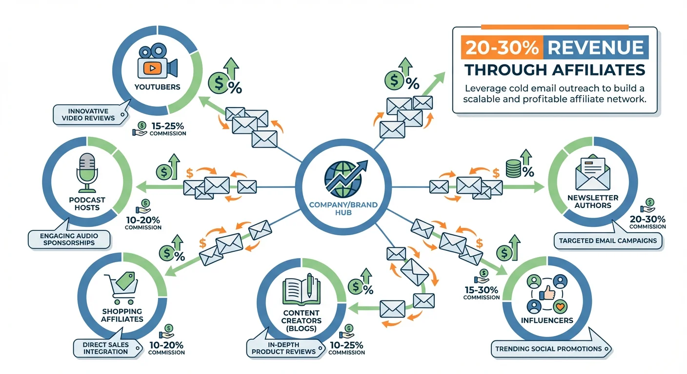 Infographic showing affiliate recruitment through cold email outreach with network diagram connecting company to affiliates