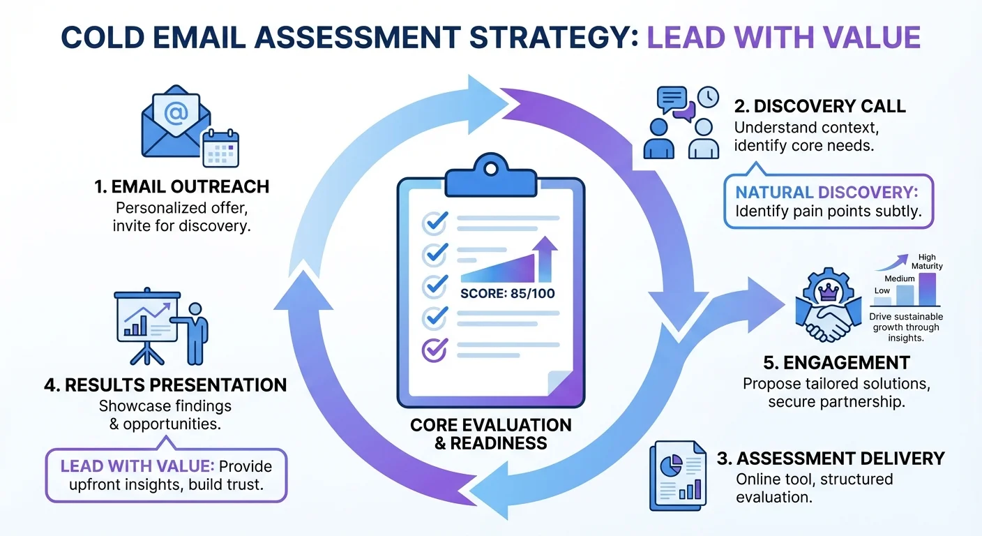 Infographic showing assessment offerings through cold email with clipboard and process flow visualization