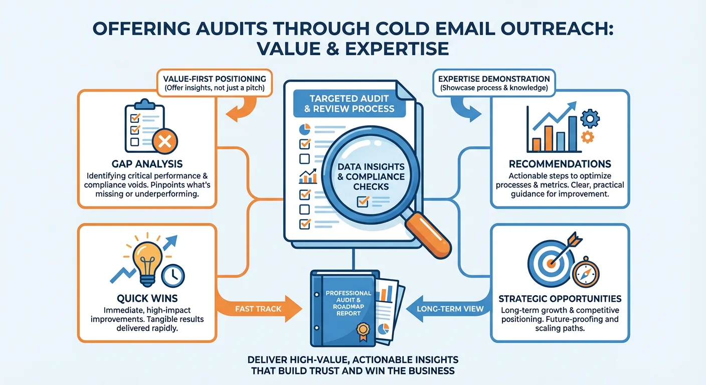 Infographic showing audit offerings through cold email with magnifying glass and gap analysis visualization