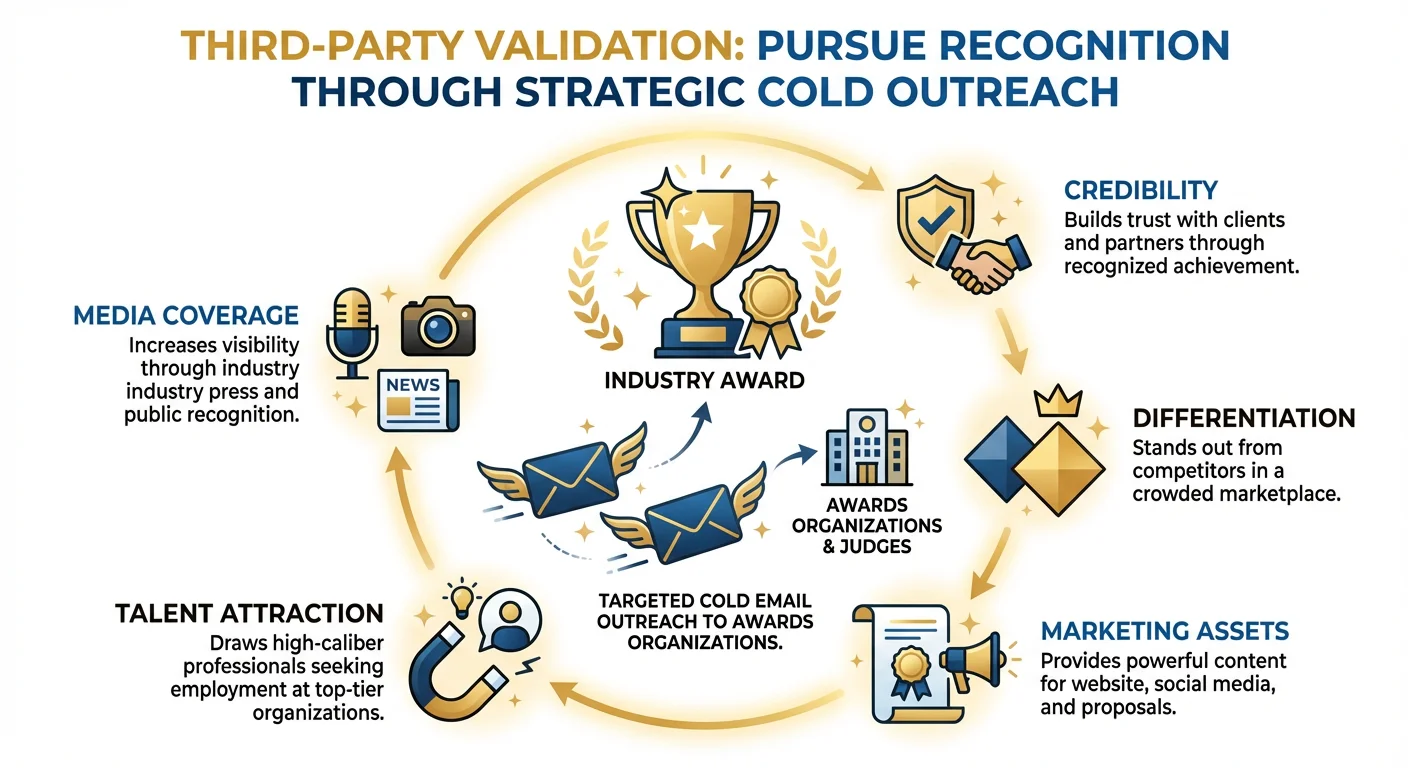 Infographic showing awards pursuit strategy with trophy icon and credibility benefits