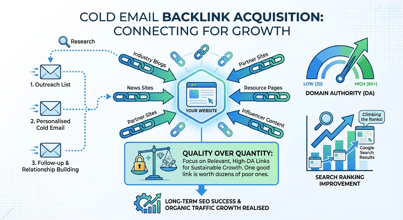 Infographic showing backlink acquisition through cold email with chain link diagram and SEO metrics