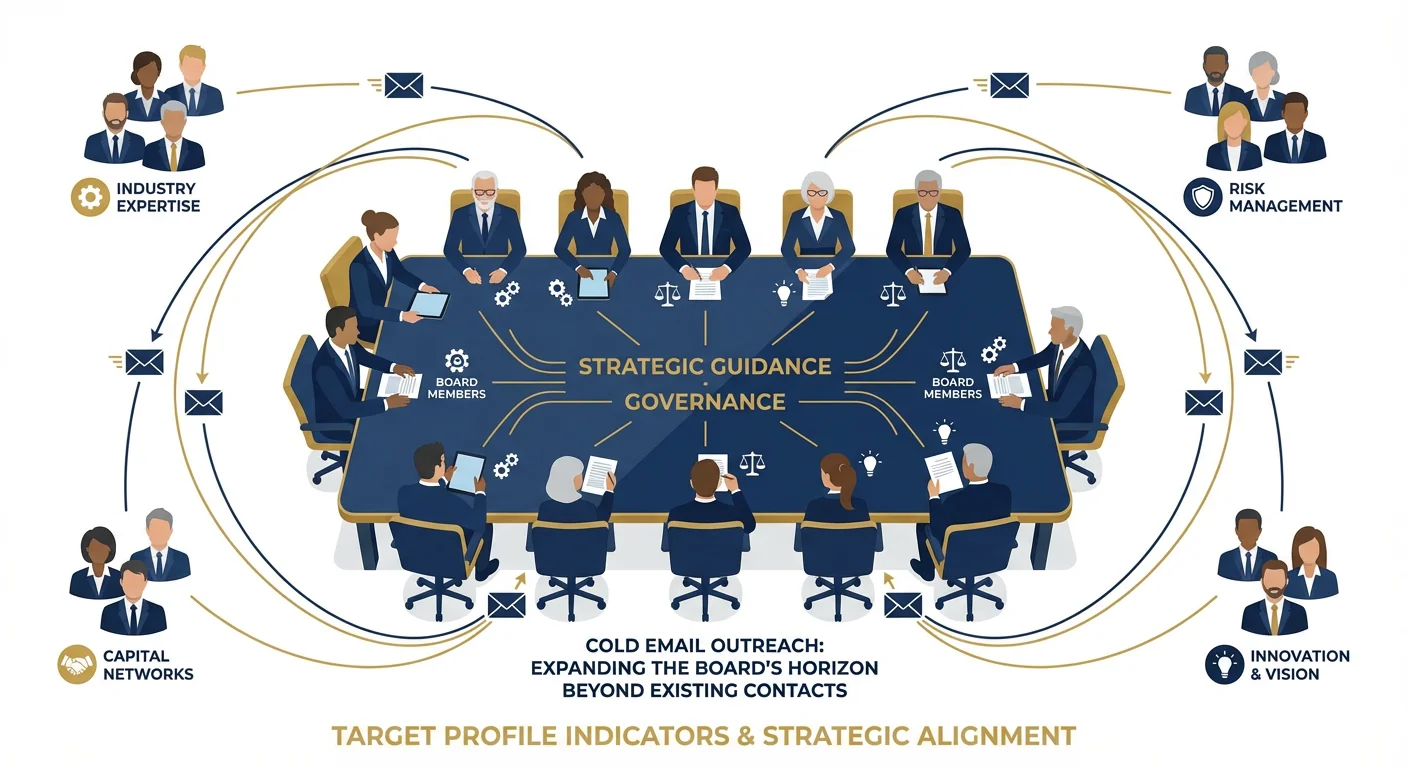 Infographic showing board member recruitment through cold email with boardroom visualization and network expansion