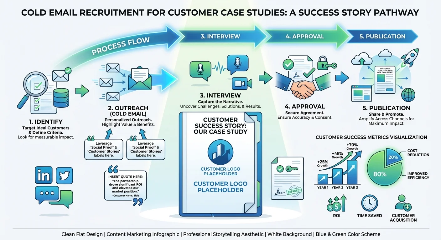 Infographic showing case study recruitment through cold email with customer success story visualization