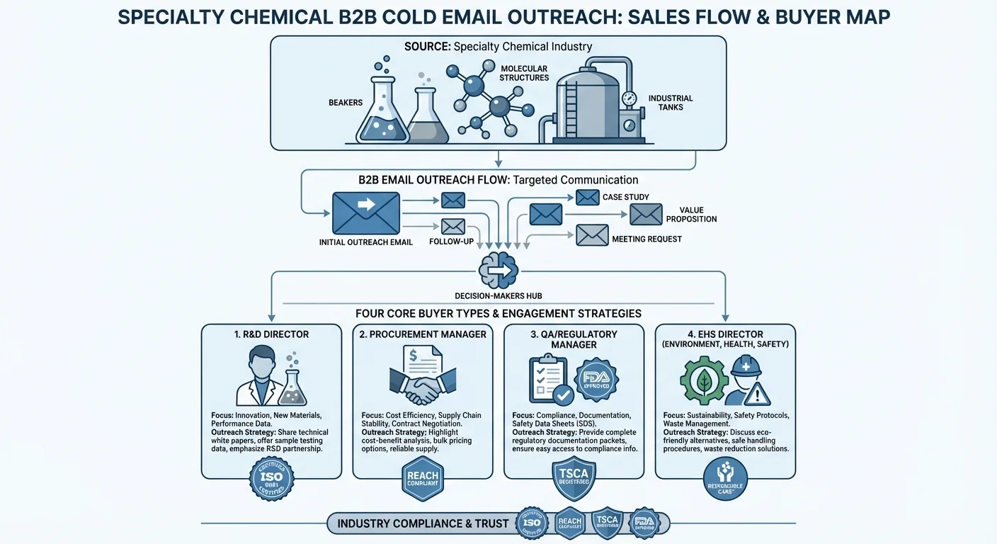 Cold email outreach funnel for specialty chemical industry showing suppliers connecting with R&D directors, procurement managers, QA, and EHS professionals
