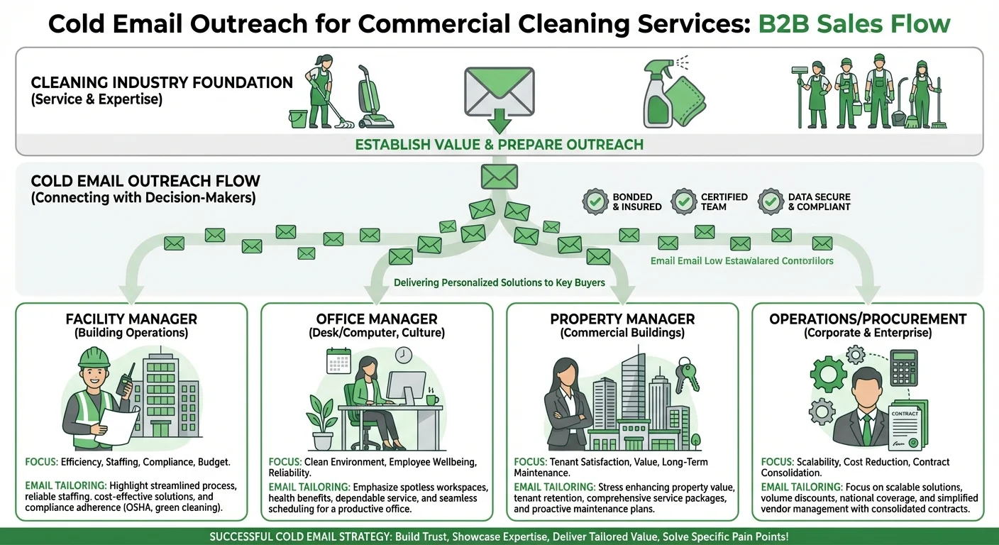 Cold email outreach funnel for commercial cleaning services showing providers connecting with facility managers, office managers, property managers, and operations professionals