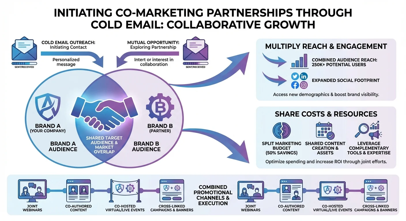 Infographic showing co-marketing partnership through cold email with brand collaboration and audience overlap visualization