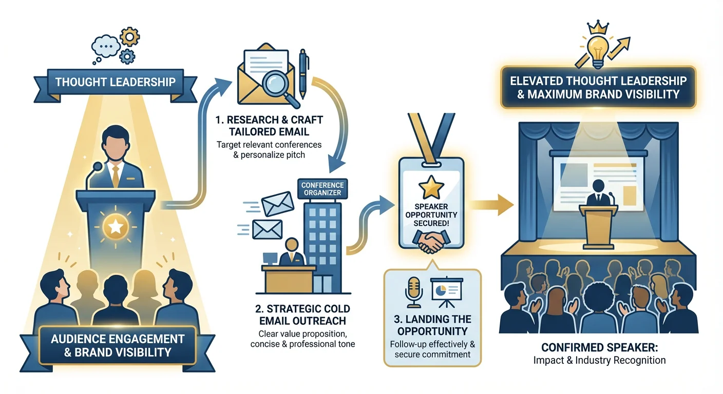 Infographic showing conference speaking opportunities through cold email with speaker at podium and audience visualization
