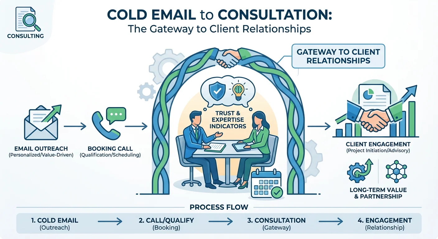 Infographic showing consultation booking through cold email with professional meeting and process flow visualization