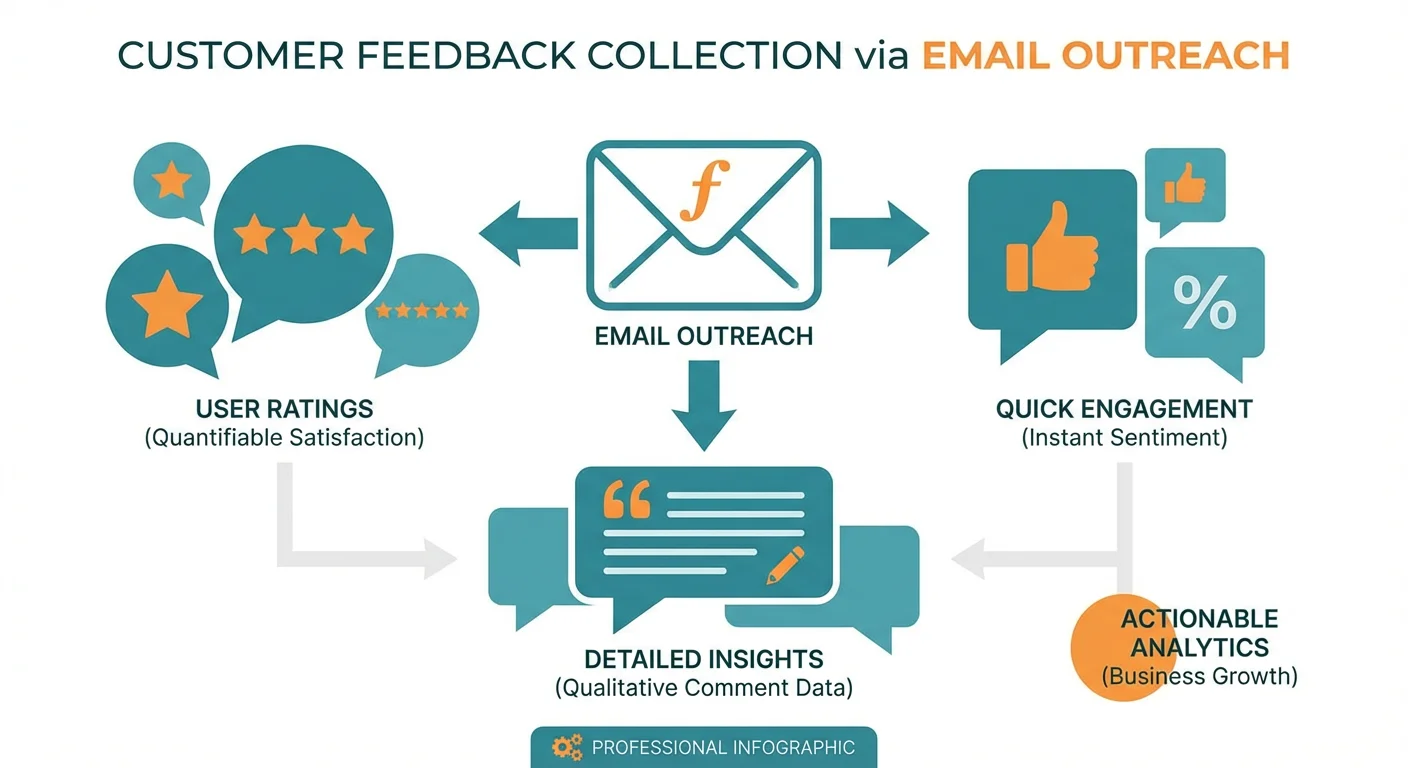 Infographic showing customer feedback collection through email outreach with speech bubbles and rating icons