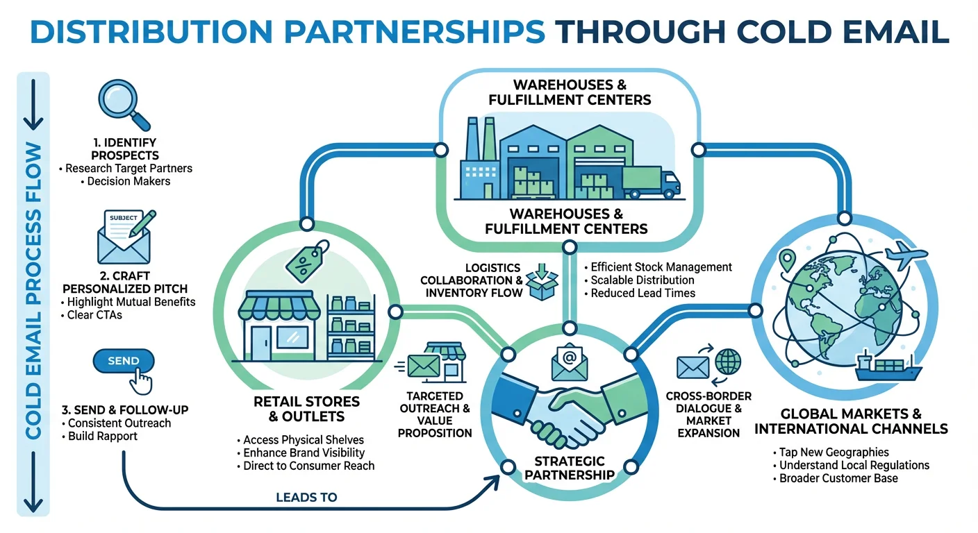 Infographic showing distribution partnerships with handshake icon and connected retail, warehouse, and global market nodes