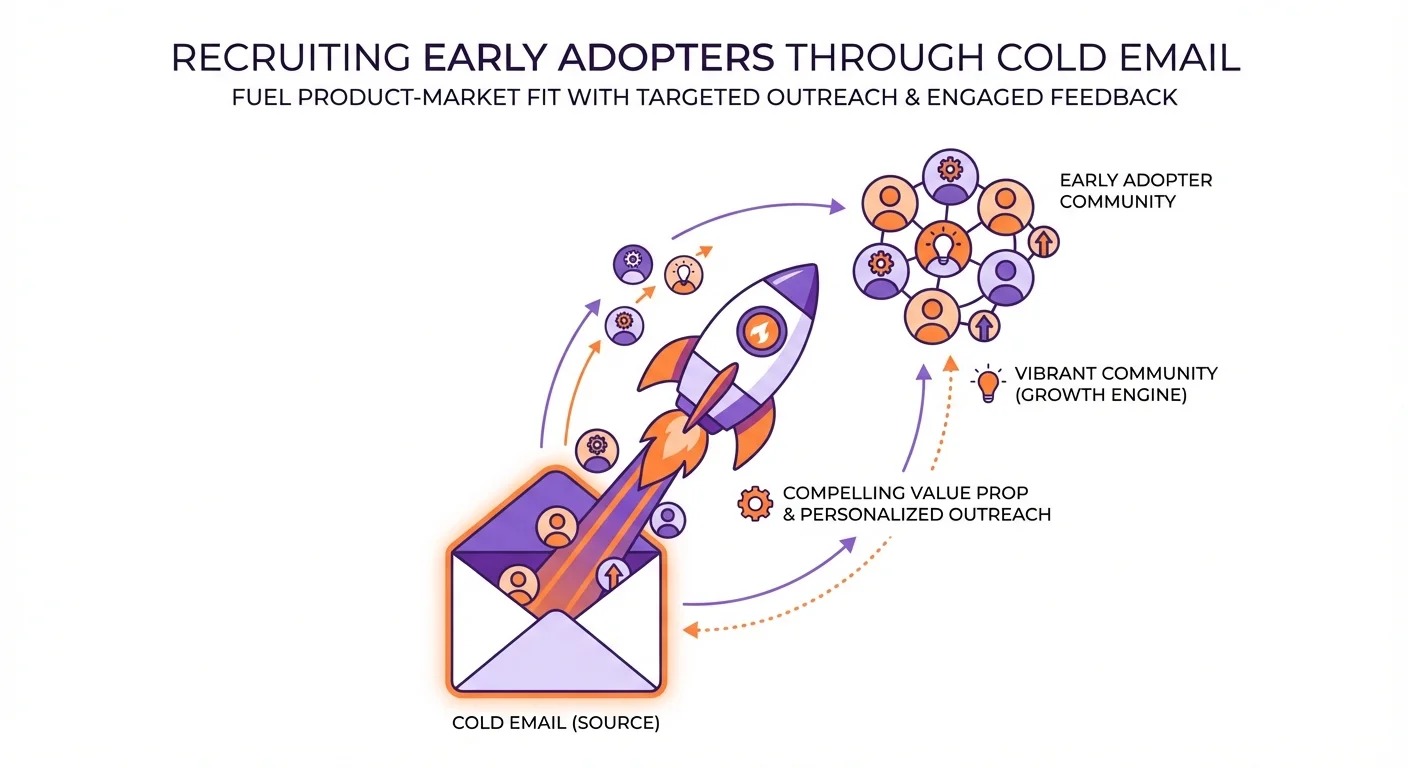 Infographic showing early adopter recruitment with rocket launching from email and community user icons
