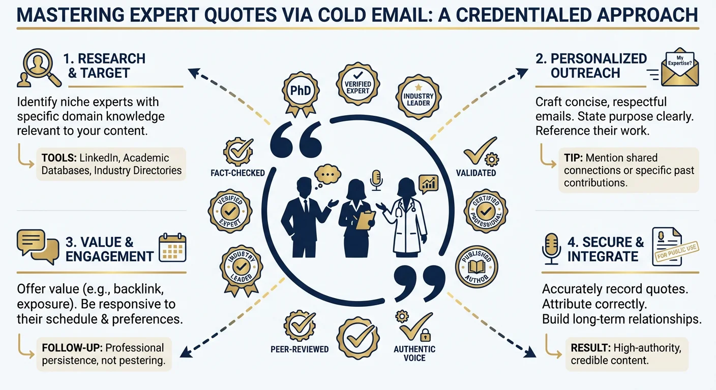 Infographic showing expert quote collection with quotation mark, professional silhouettes, and credential badges