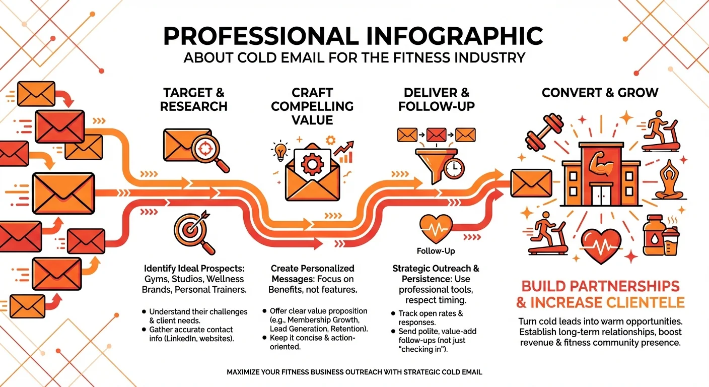 Cold email outreach strategy for fitness industry showing email flow to gym and wellness icons