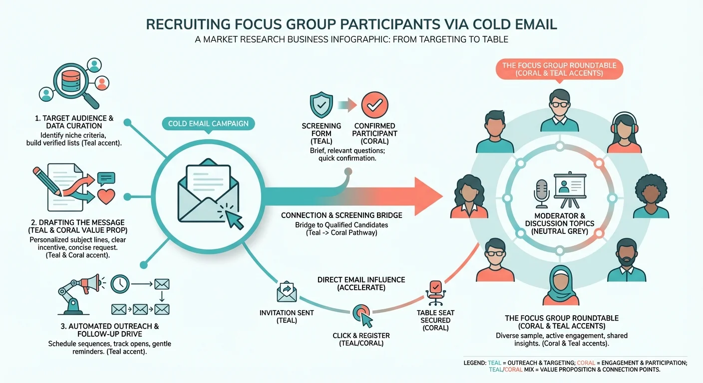 Infographic showing focus group recruitment with circular table, diverse participant icons, and email connection