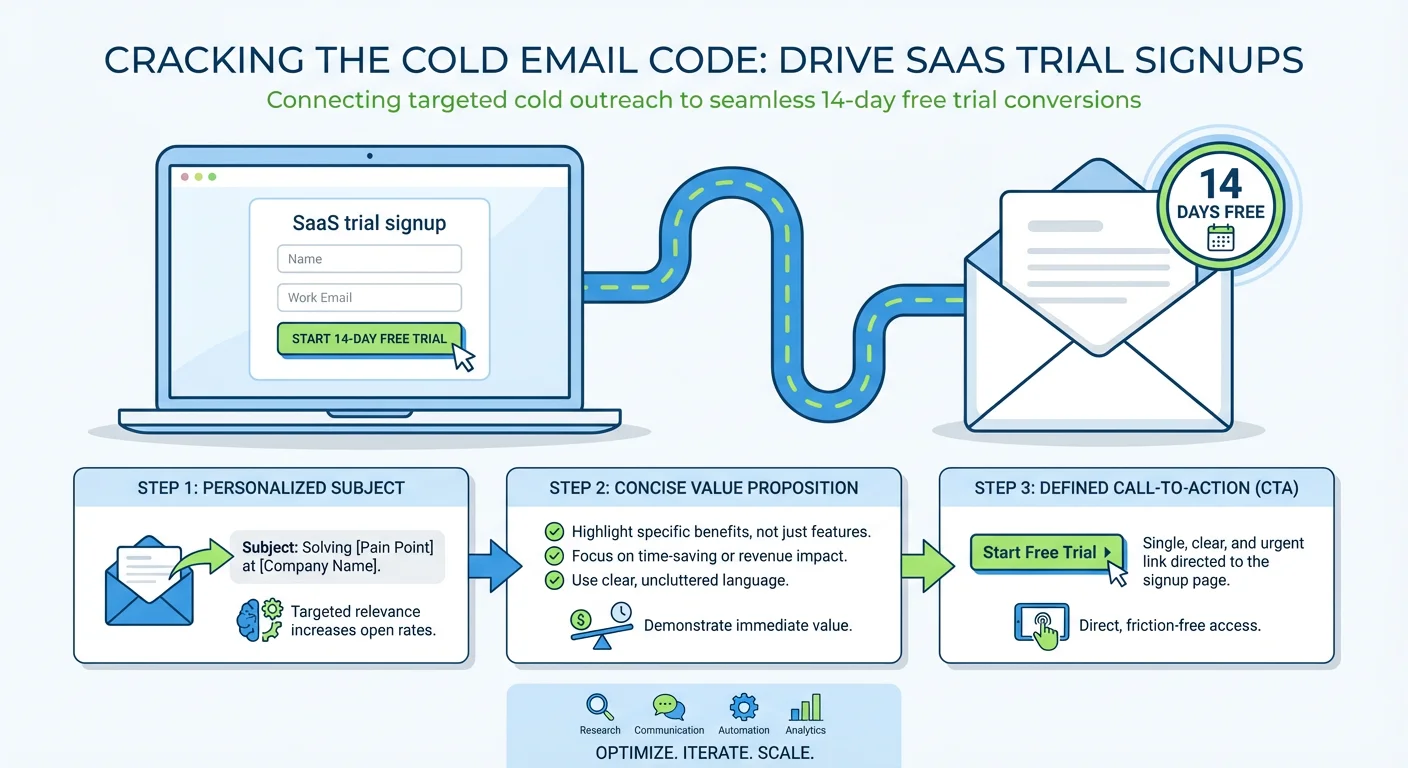 Infographic showing SaaS free trial signup with laptop, email envelope, and 14 days free badge
