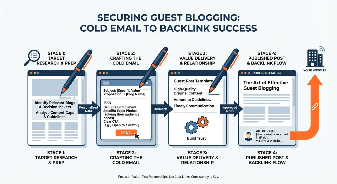 Infographic showing guest blogging outreach with pen writing on blog post and backlink arrows